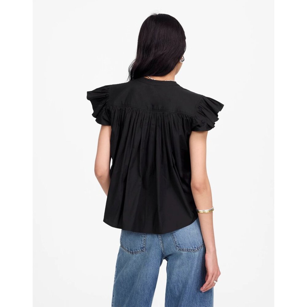 Madewell Poplin Shirred Button Up Shirt Womens XS Jet Black Blouse - Picture 7 of 16